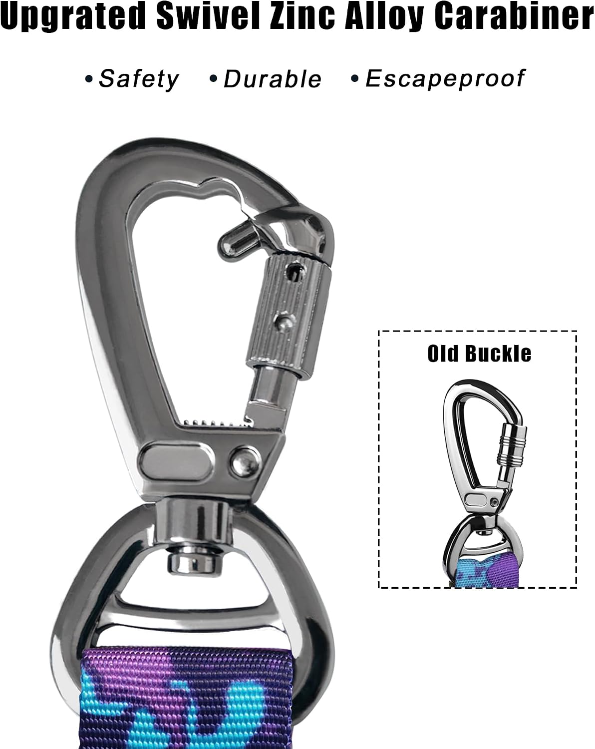 Hotsky purple camouflage dog leash displaying the integrated car seatbelt buckle