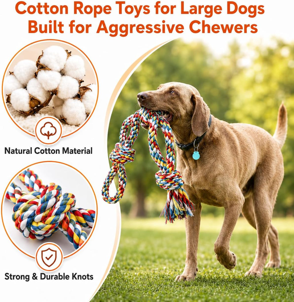 Close up view of the thick multi knot natural cotton ropes for large canine chewers.