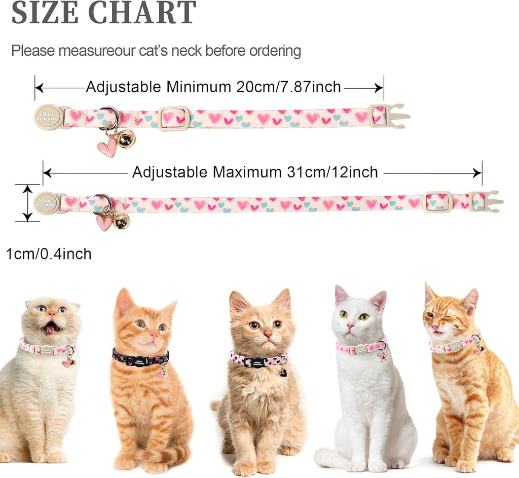 Unique Style Paws Valentine kitten collar set illustrating the detachable metal tracking bell and matching fabric charm pendant.