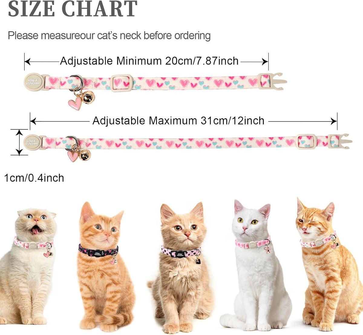 Unique Style Paws Valentine kitten collar set illustrating the detachable metal tracking bell and matching fabric charm pendant.