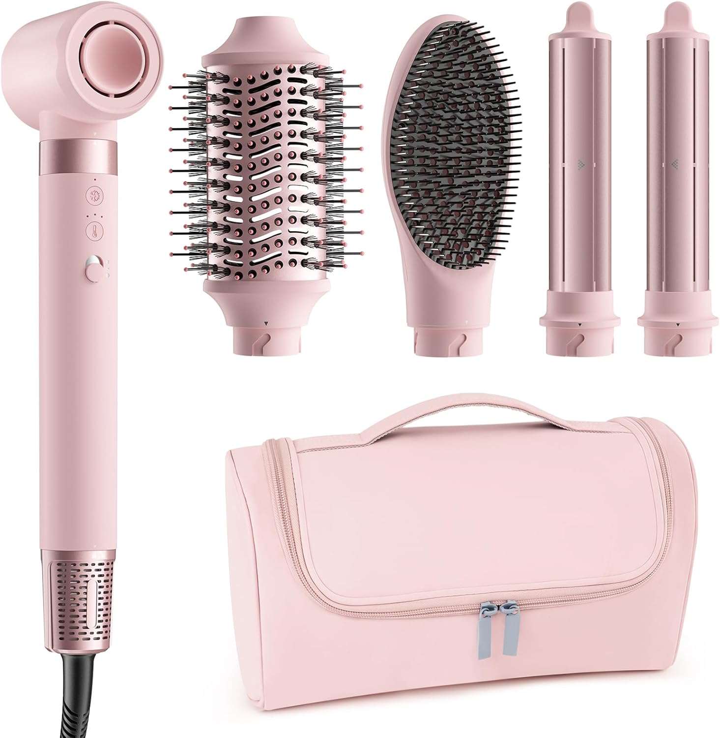 Mescomb 5 in 1 Hot Air Styler Wrap front view with five interchangeable attachments and travel bag