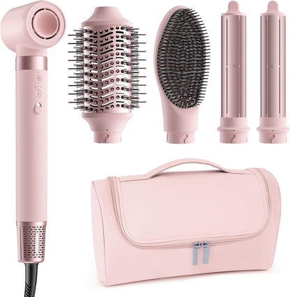 Mescomb 5 in 1 Hot Air Styler Wrap front view with five interchangeable attachments and travel bag