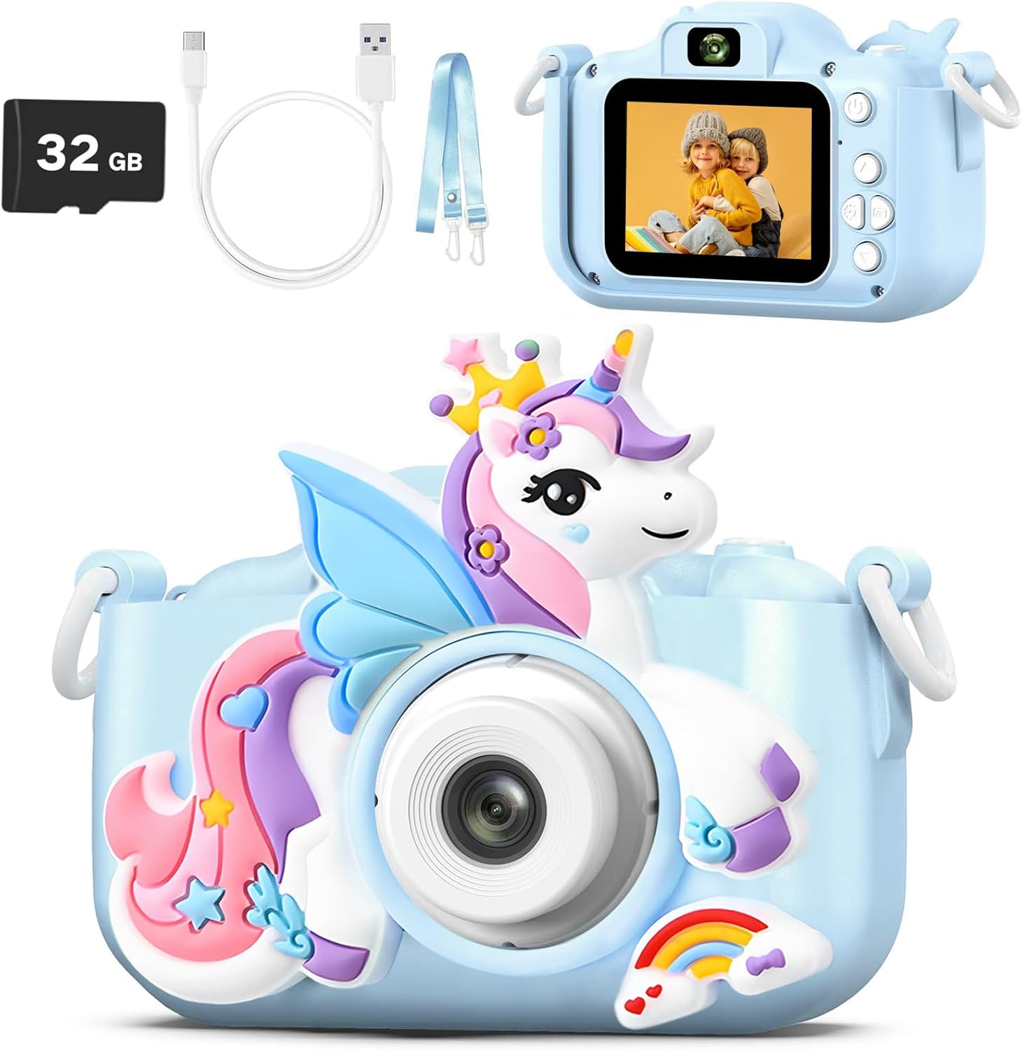 LETONGJH kids digital camera blue front view highlighting the lens and compact toddler friendly design