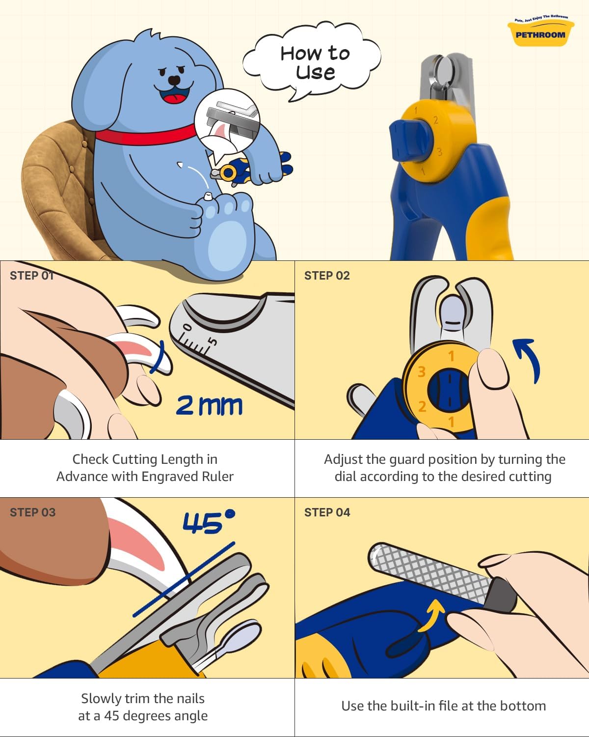 Pethroom dog nail clipper set in blue and yellow packaging