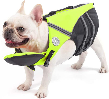 Petglad red pet life saver being used by a dog swimming in a pool.