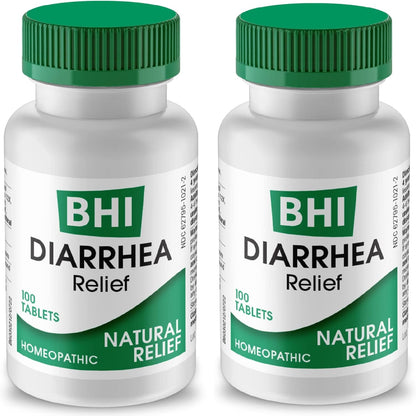 MediNatura BHI Diarrhea Relief 100 tablets front view pack of 2 for natural digestive support.