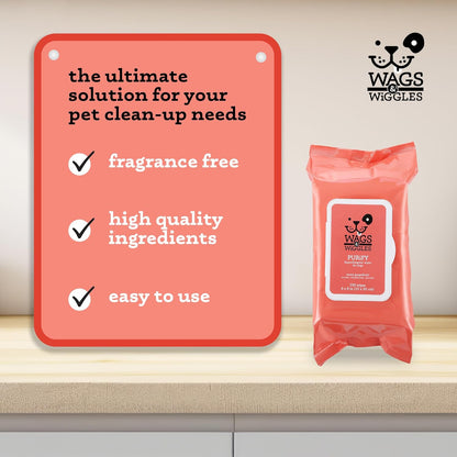 Back label and directions for Wags and Wiggles hypoallergenic dog cleaning sheets.