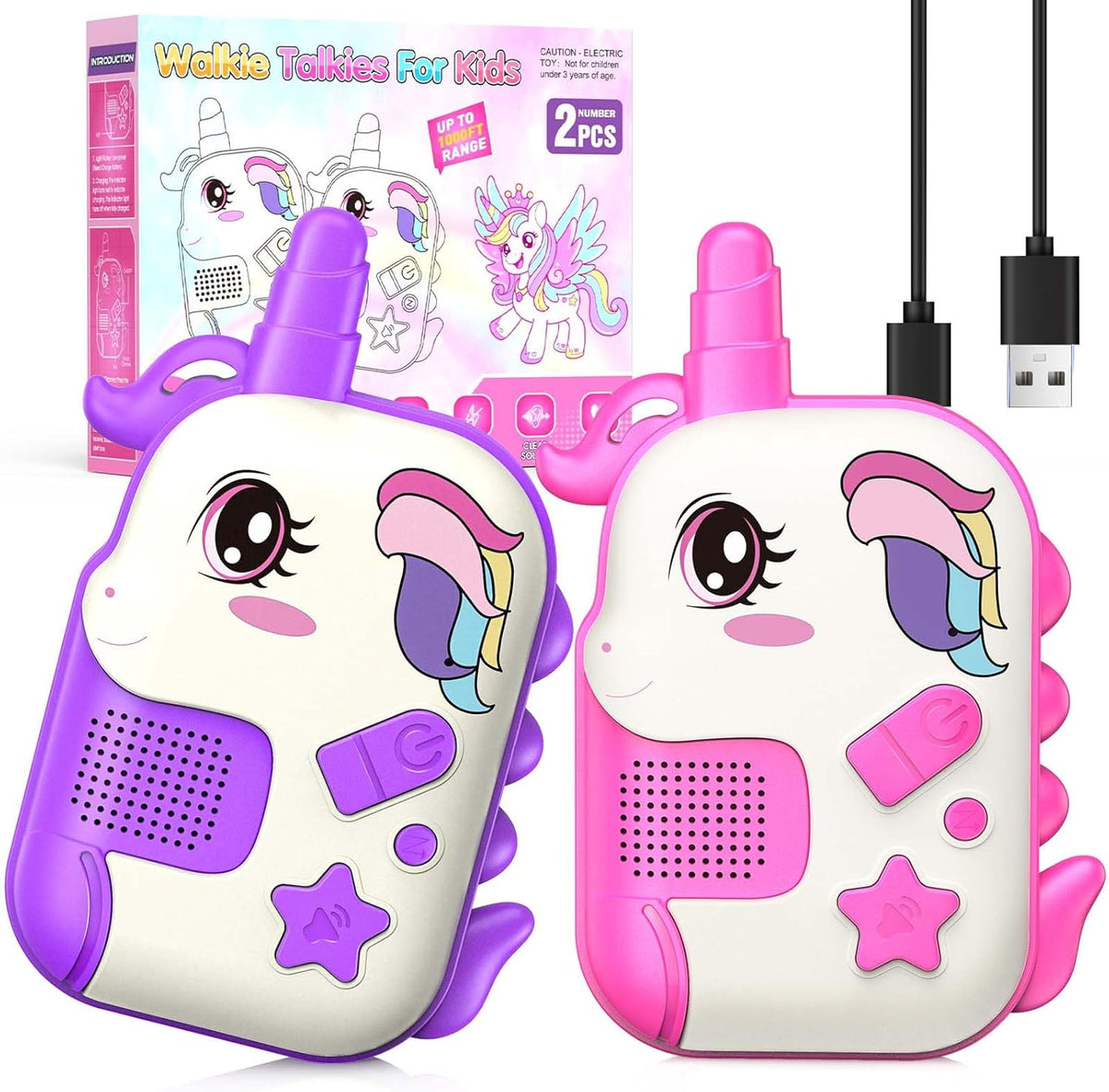 Comedyfun rechargeable unicorn walkie talkies front view showing pink and purple cartoon design