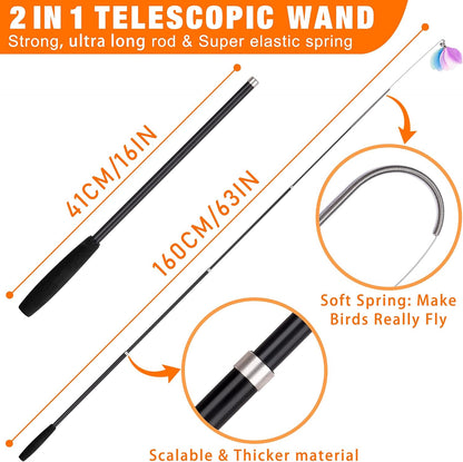 Interactive cat teaser wand with flexible spring steel wire and natural feathers