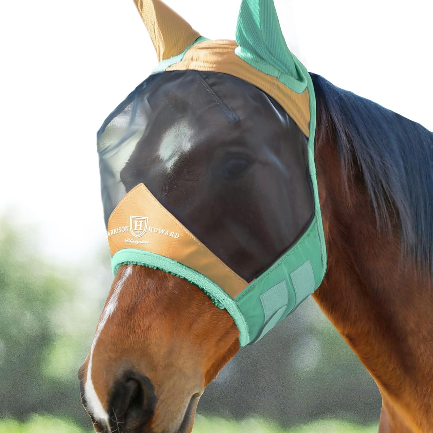 Harrison Howard Pro Luminous Horse Fly Mask Large Eye Space Half Face with Ears UV Protection for Horse Coral Orange/Navy M - Image 11
