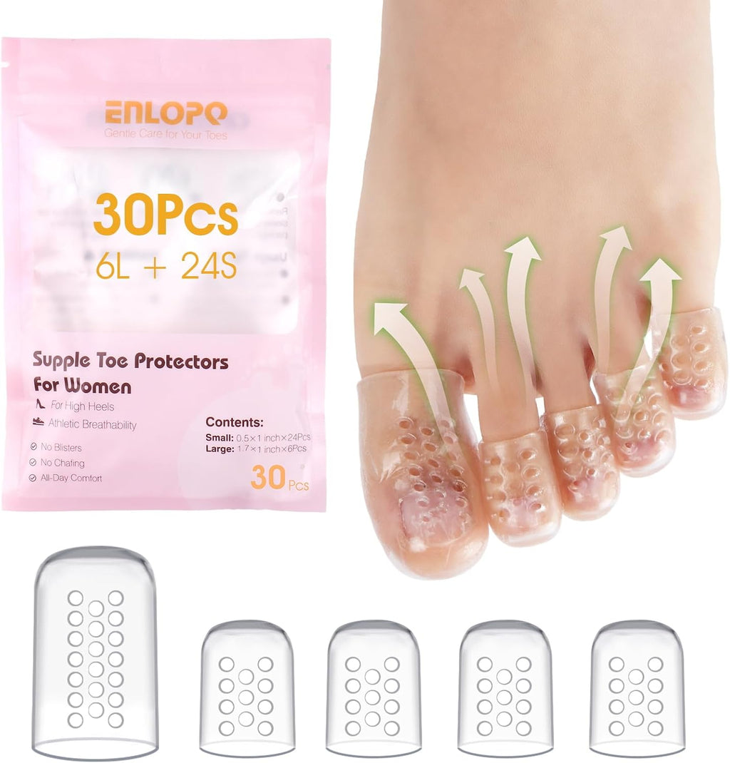 ENLOPQ silicone toe protector pack front view showing thirty clear gel sleeves.