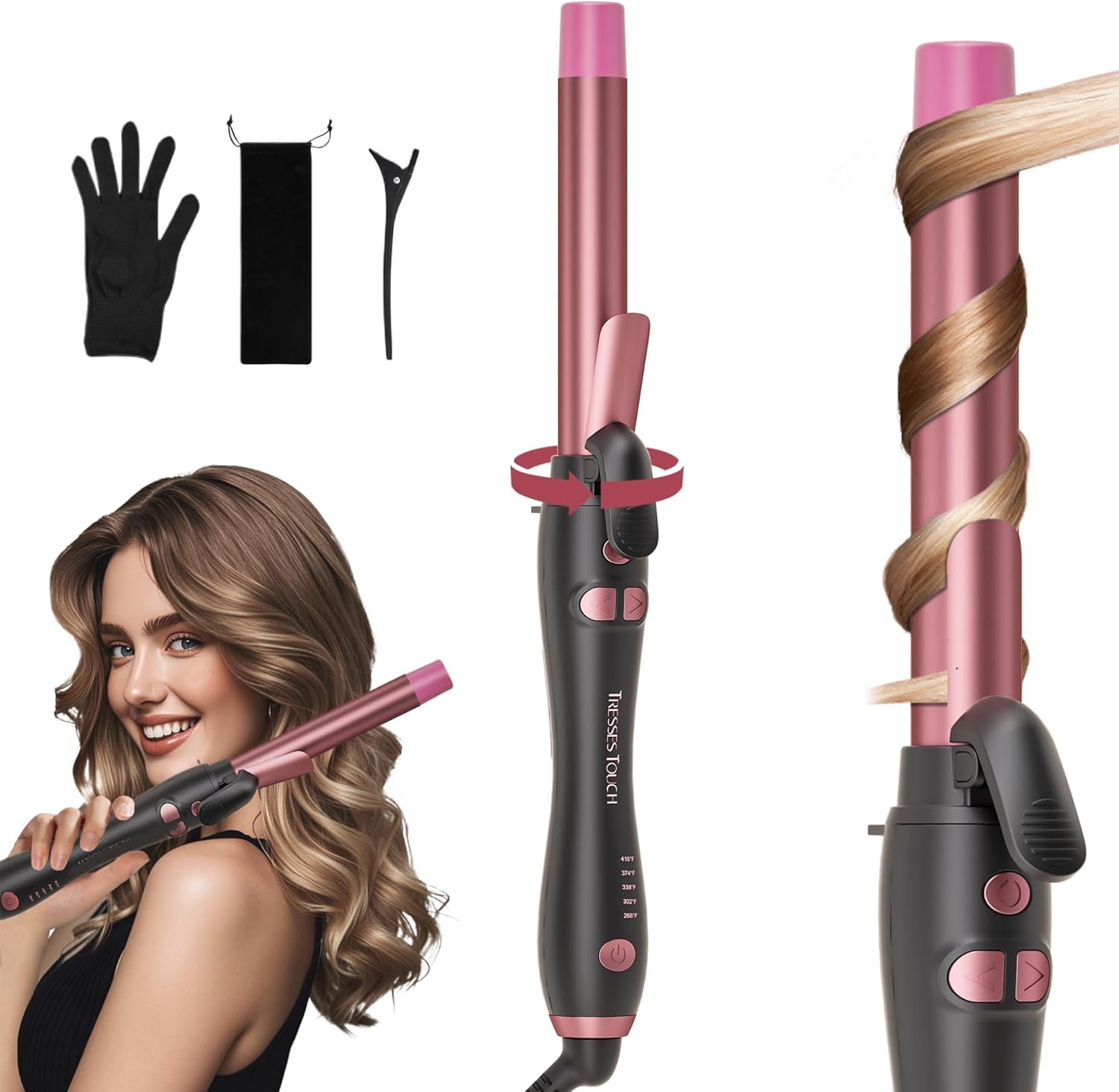 Tresses Touch rotating curling iron front view showing the one inch double ceramic barrel