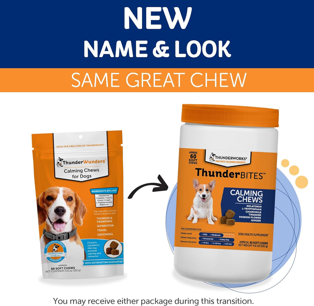 ThunderBites calming treats for dogs showing the 60 count jar size
