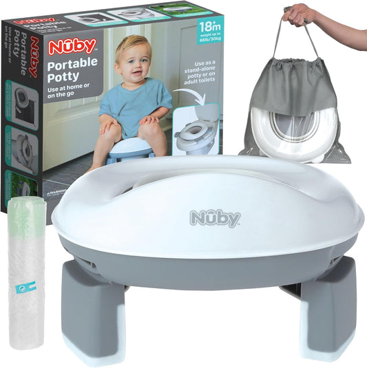 Nuby On-The-Go Portable Potty Seat - Travel Toilet Seat for Boys and Girls 18+ Months - Includes Storage Bag and Disposable Potty Liners - Toddler Travel Essentials - Toddler Potty Training Toilet - Image 1