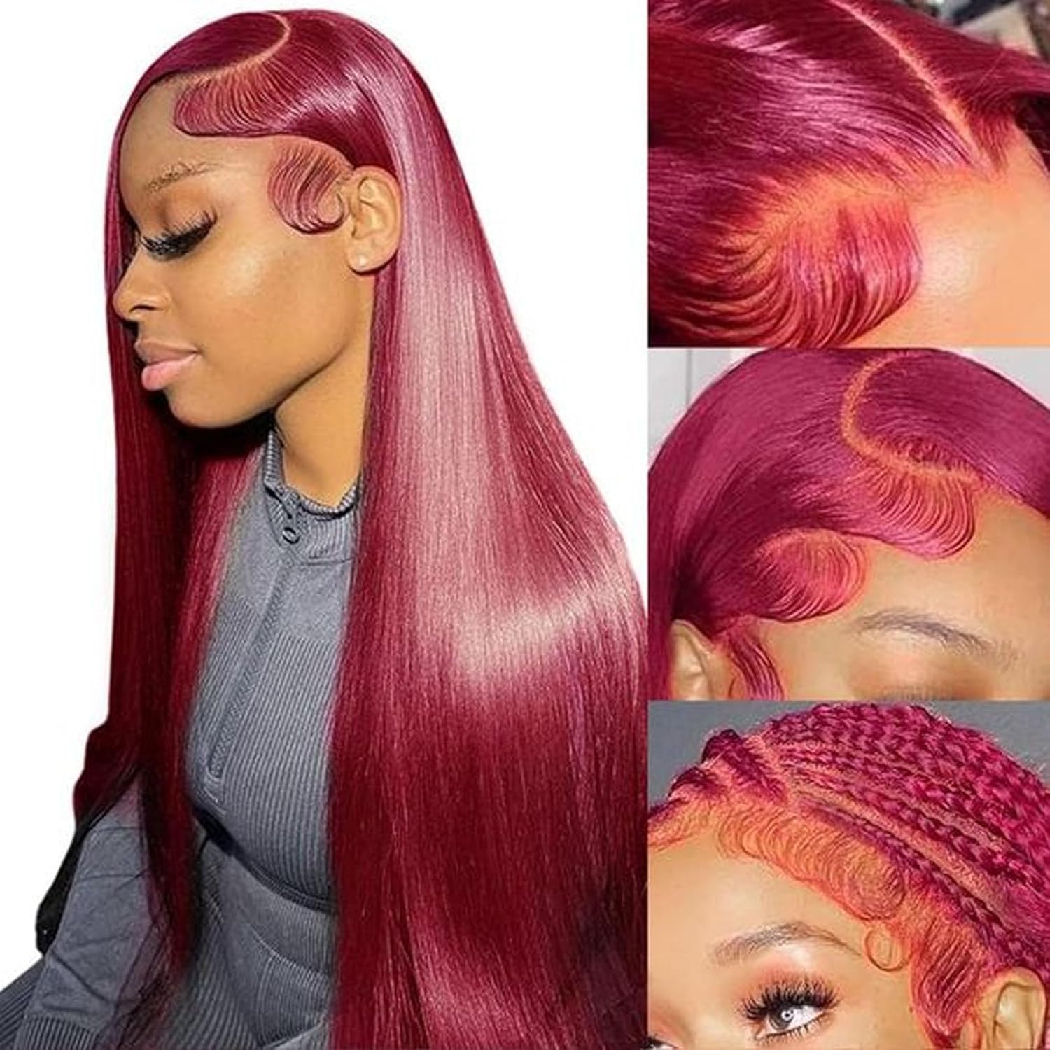 Amadaier burgundy human hair wig straight front view glam look