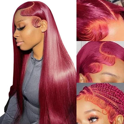 Amadaier burgundy human hair wig straight front view glam look