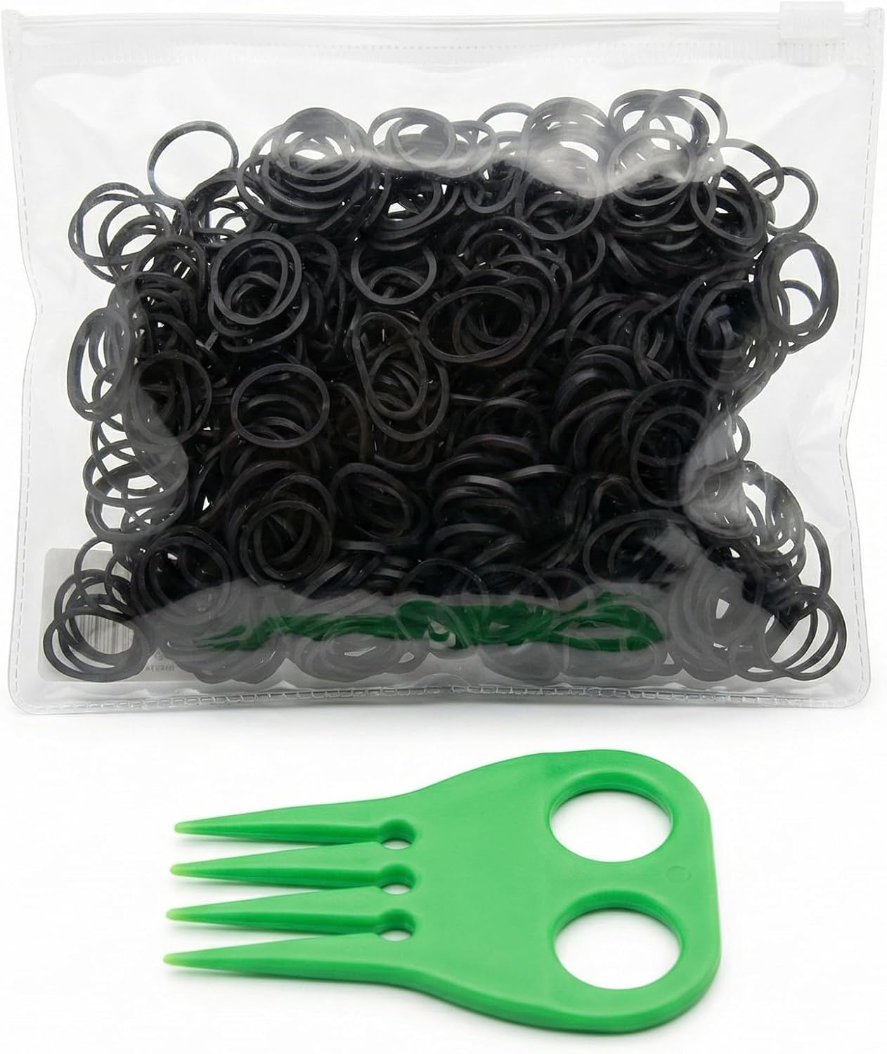 Close up of 500 black rubber bands for horse grooming