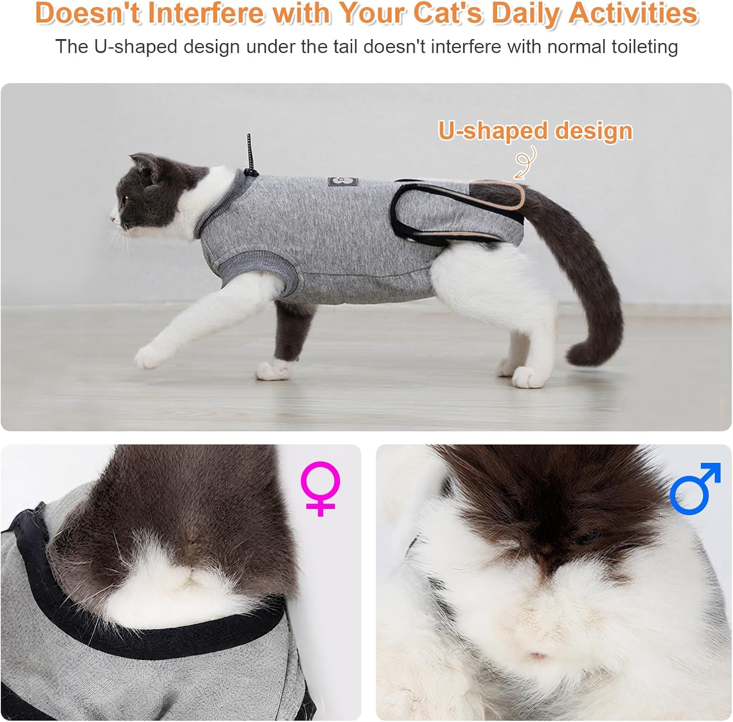 Close-up of rear opening design for easy litter box use on cat recovery suit