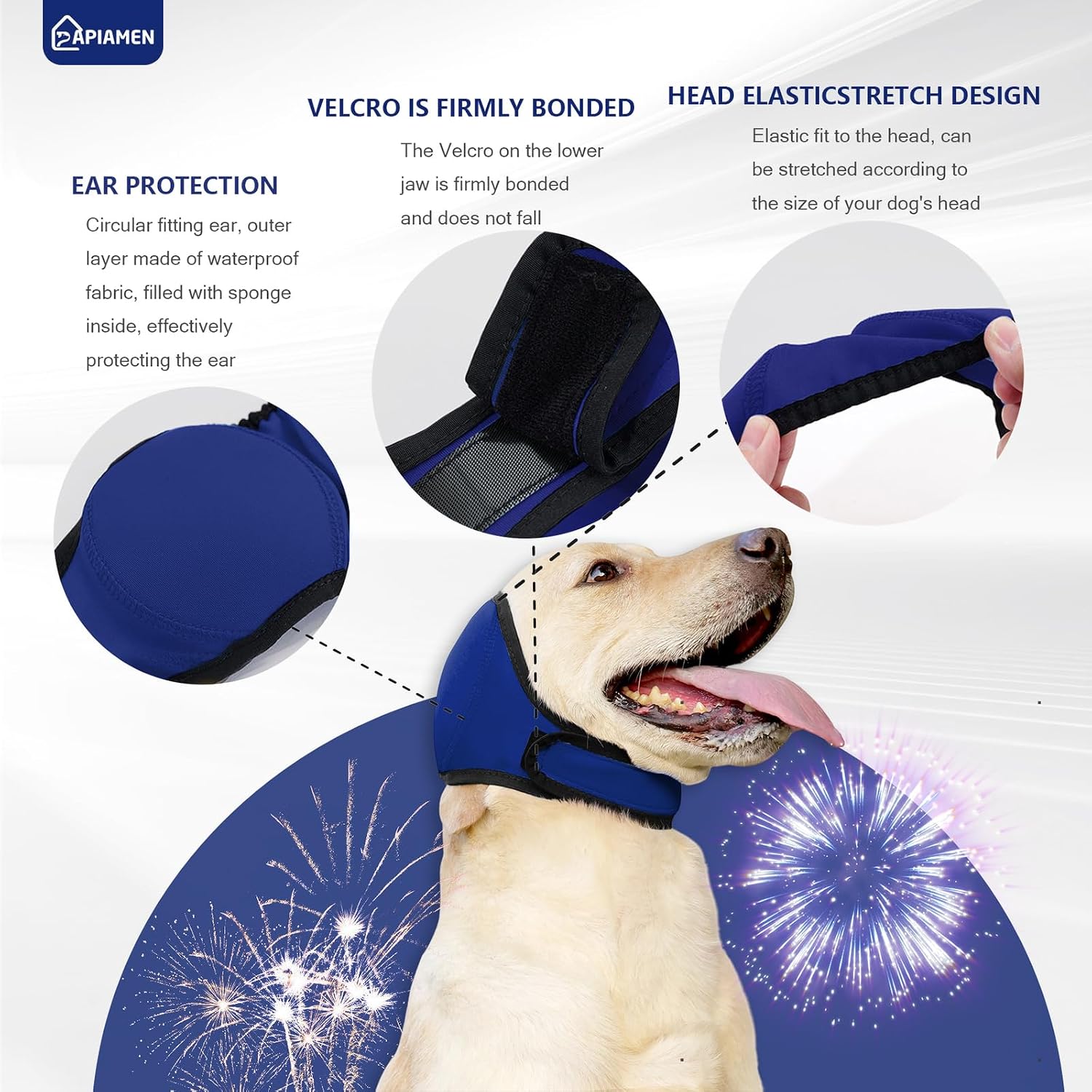 Papiamen adjustable dog ear covers with secure hook and loop closure mechanism.