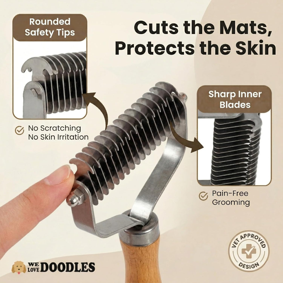 We Love Doodles dog comb showing dual sided design