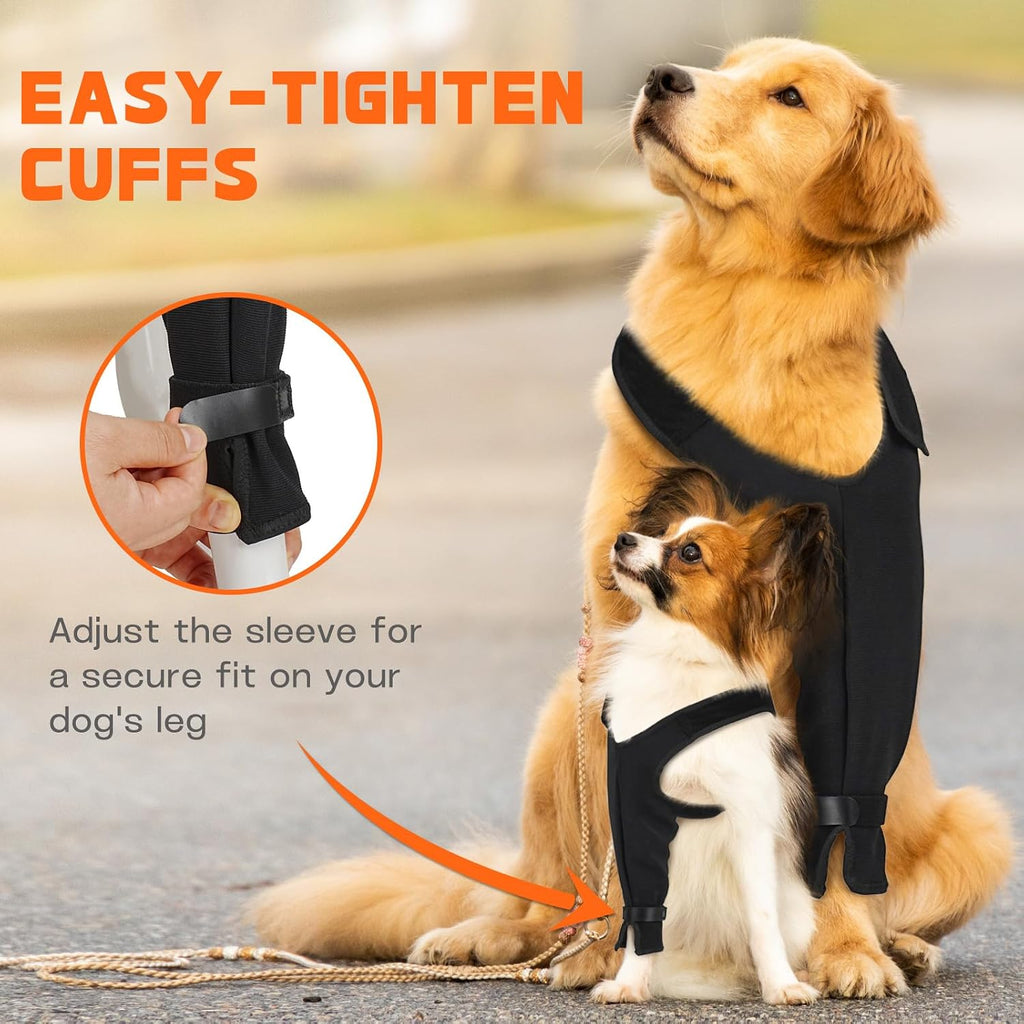 Comfortable alternative to dog cone for front leg surgical care