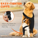 Comfortable alternative to dog cone for front leg surgical care