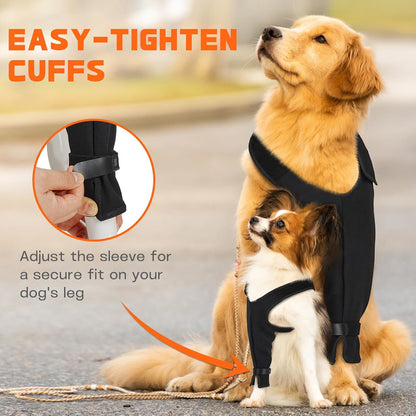 Comfortable alternative to dog cone for front leg surgical care