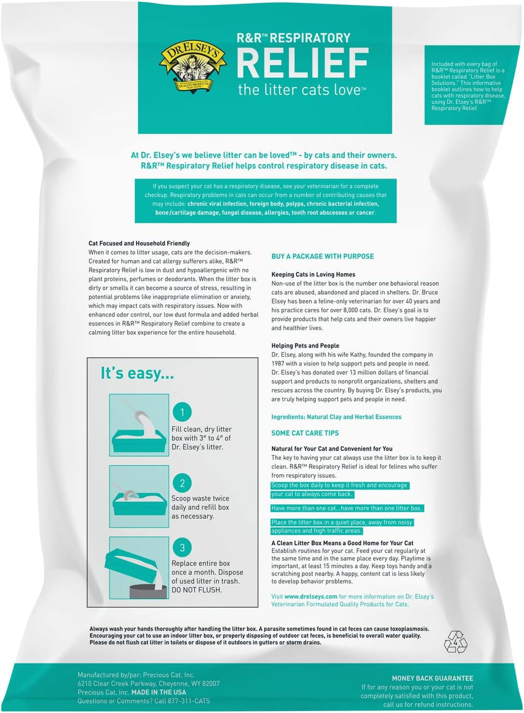 Dr. Elsey's R&R cat litter bag showing dust-free and hypoallergenic benefits
