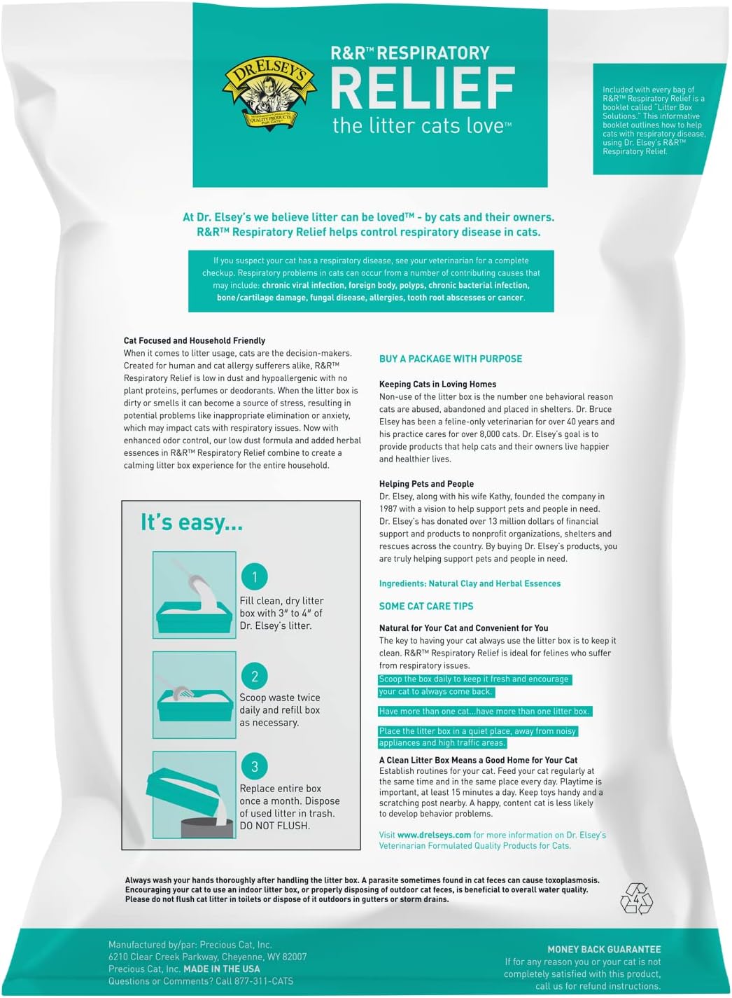 Dr. Elsey's R&R cat litter bag showing dust-free and hypoallergenic benefits