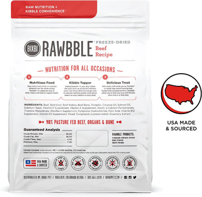 BIXBI Rawbble freeze dried raw dog food beef recipe packaging close up