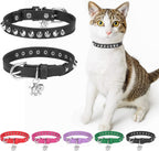 Dillybud leather cat collar black front view showing personalized rivets and skull charm