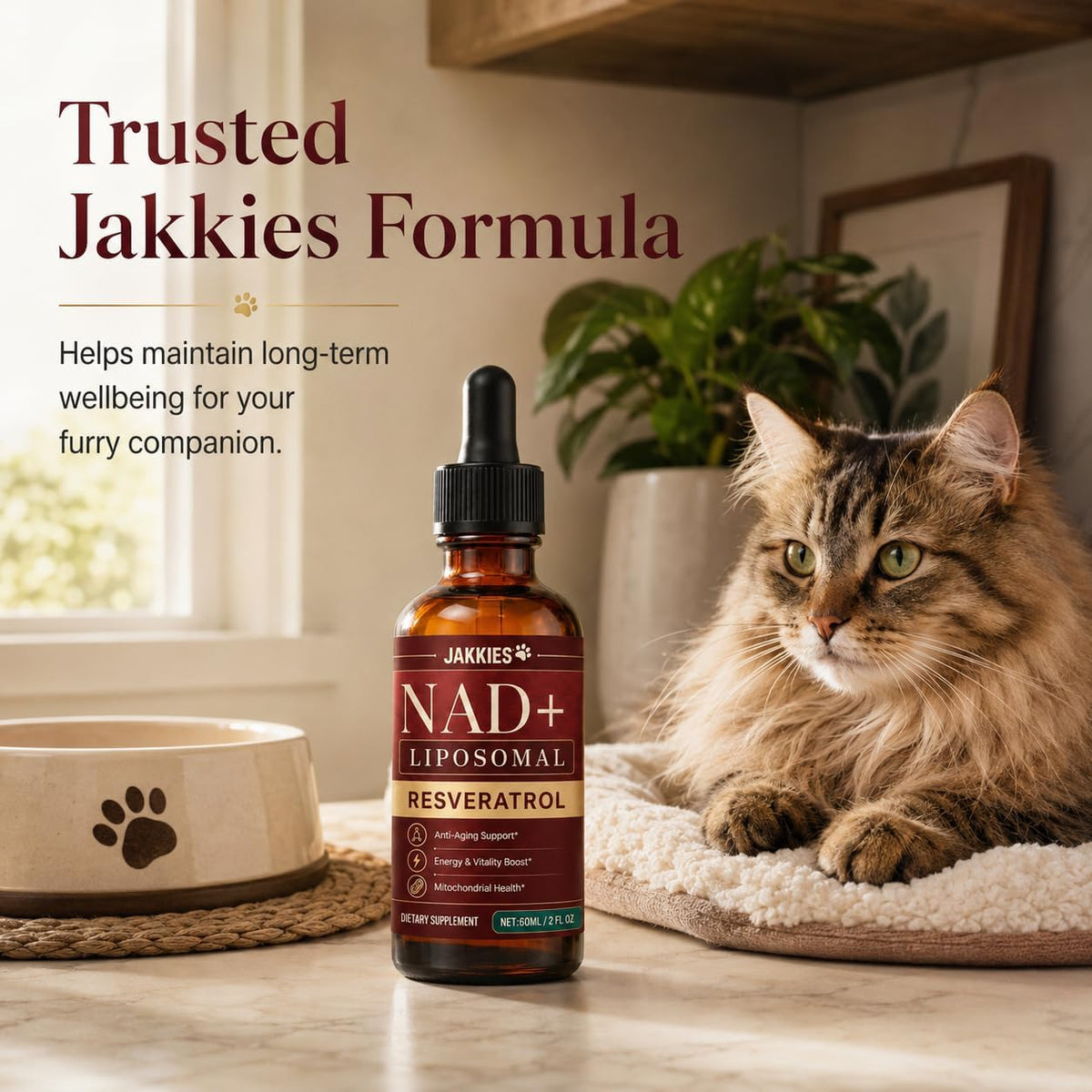 Authentic USA imported Jakkies NAD+ cat drops placed clearly on a clean retail display background