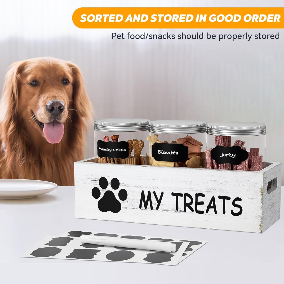 Three piece pet snack container set in white wood base