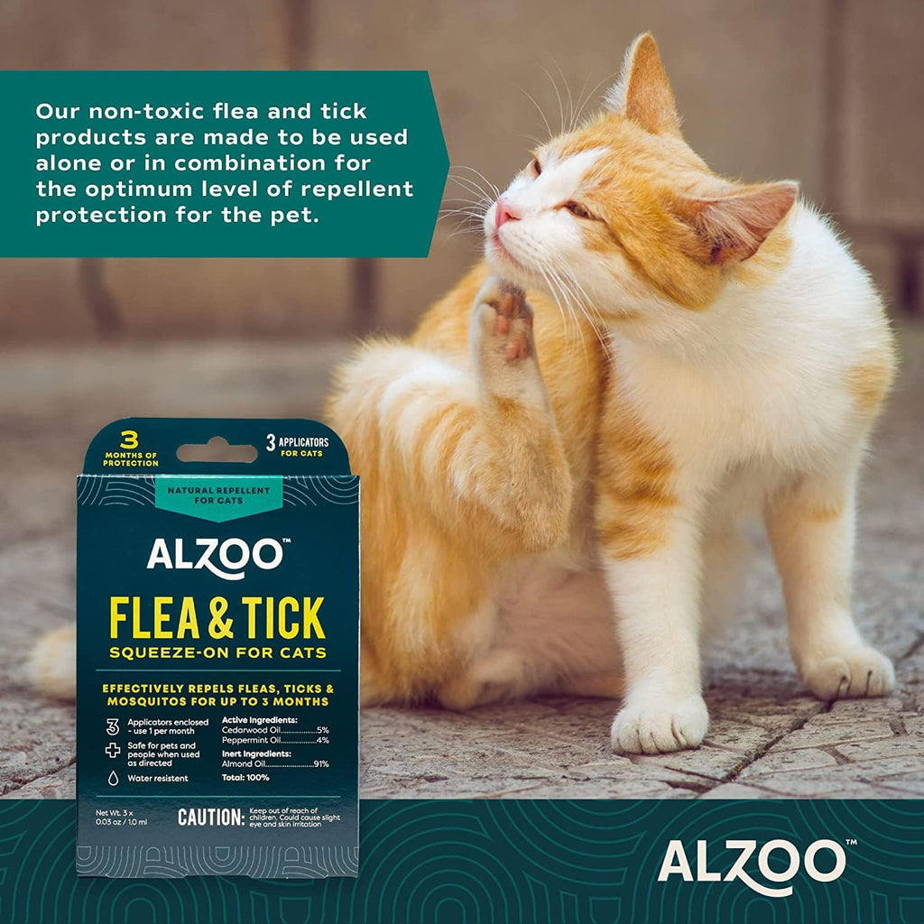 Back label details of ALZOO flea and tick repellent for cats with usage directions