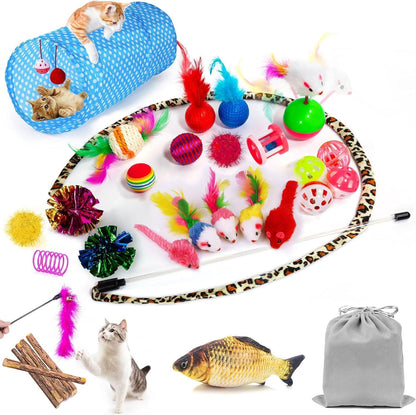AILUKI 35 piece cat toys variety pack front view showing the collapsible tunnel and colorful wand.
