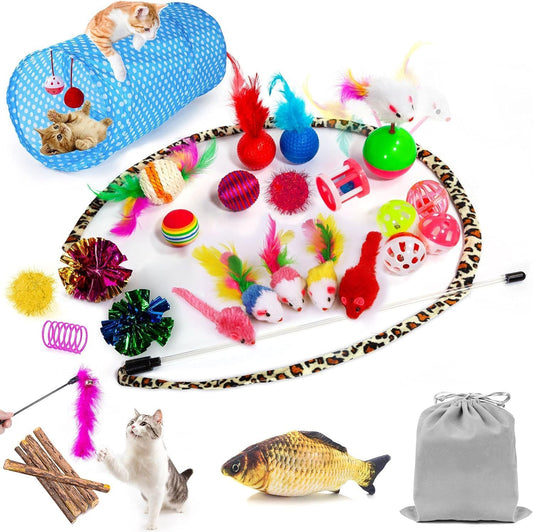 AILUKI 35 piece cat toys variety pack front view showing the collapsible tunnel and colorful wand.