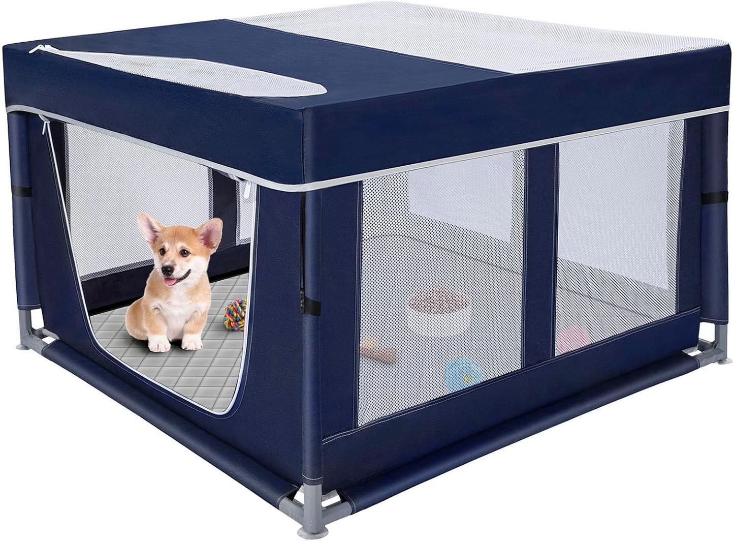Escape proof fabric cover for dog exercise pen showcasing its taut fit and secure build