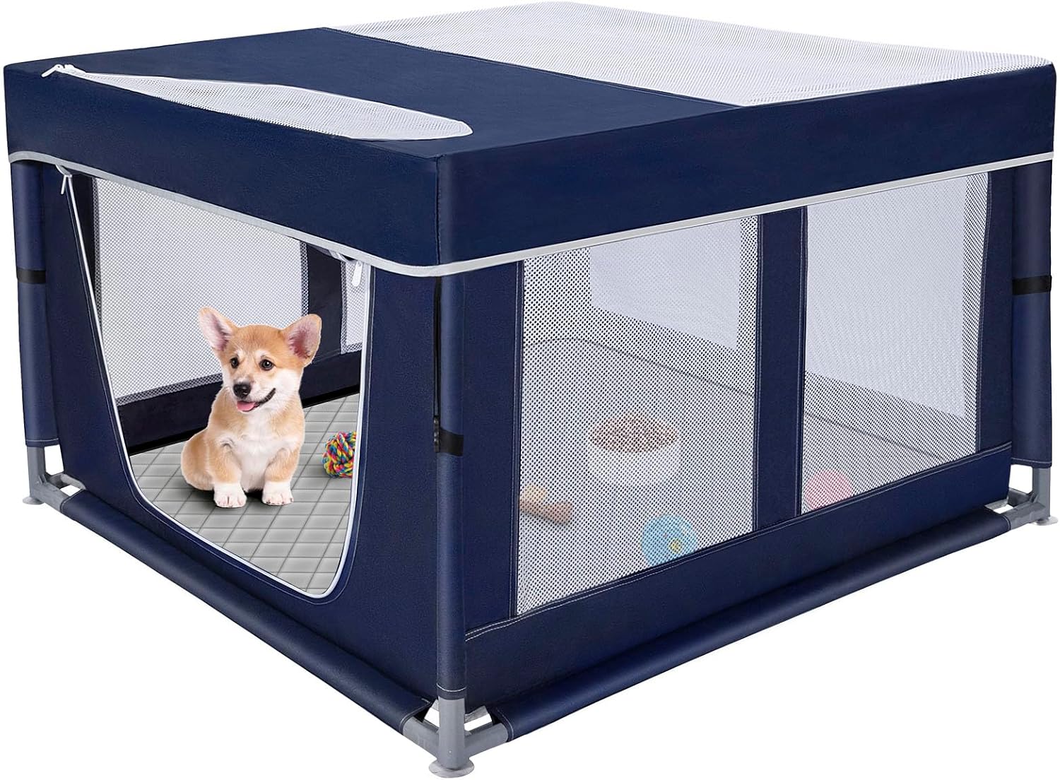 Escape proof fabric cover for dog exercise pen showcasing its taut fit and secure build