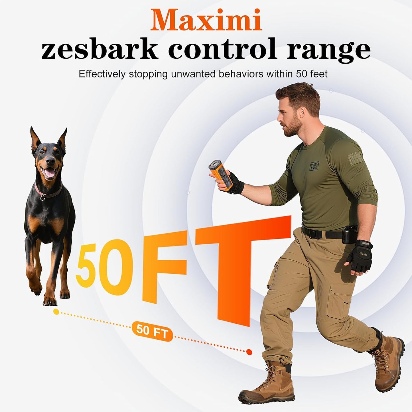 Xiuxun anti barking device showing 50ft long range indicator