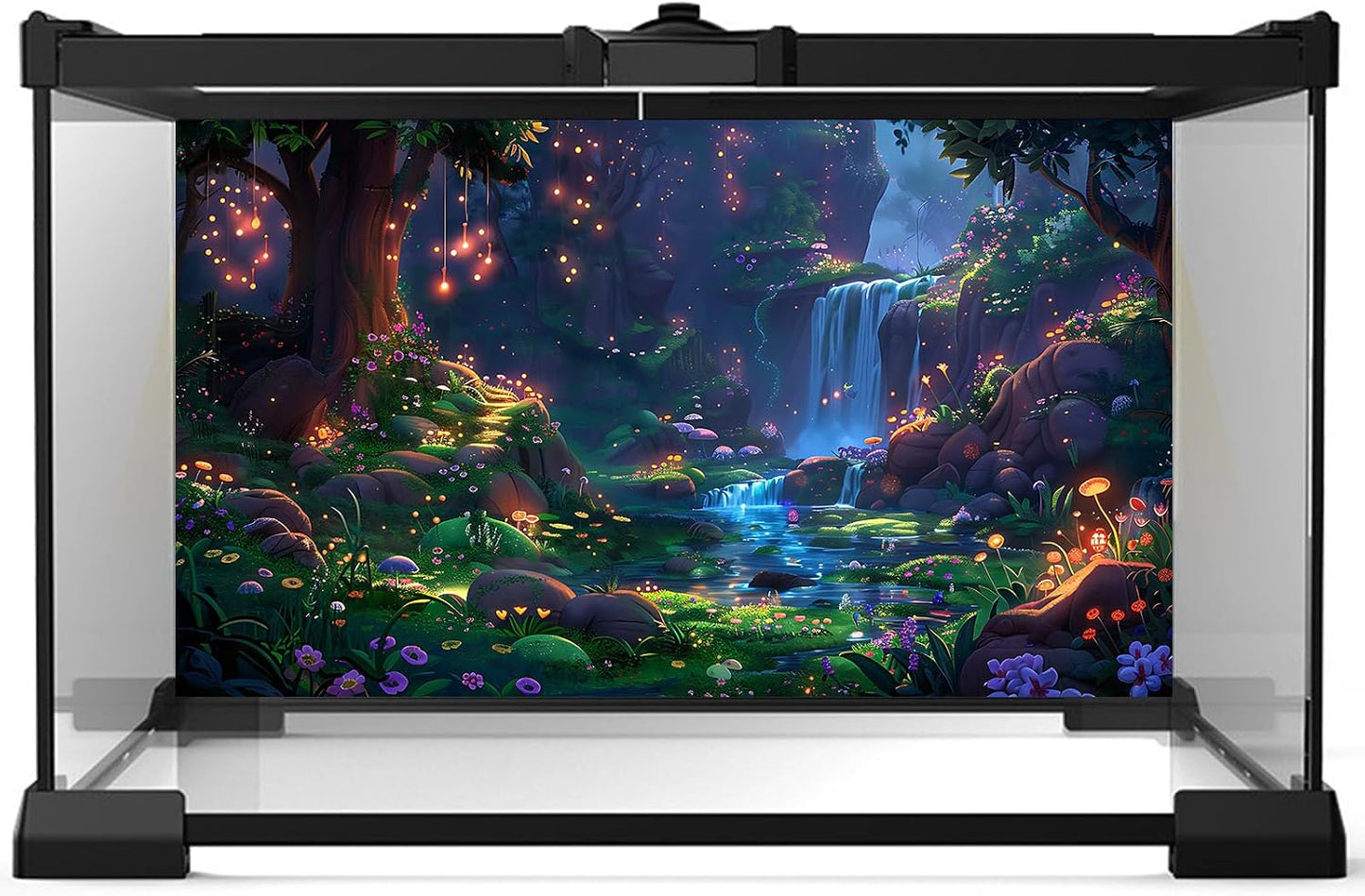Vibrant rainforest style fish tank backdrop showing cascading falls and tropical mushrooms
