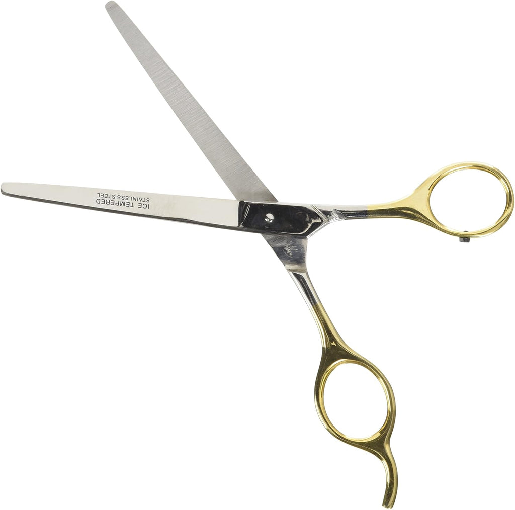 Millers Forge curved pet grooming shears close-up showing safety ball tip and stainless steel blade
