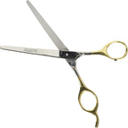 Millers Forge curved pet grooming shears close-up showing safety ball tip and stainless steel blade