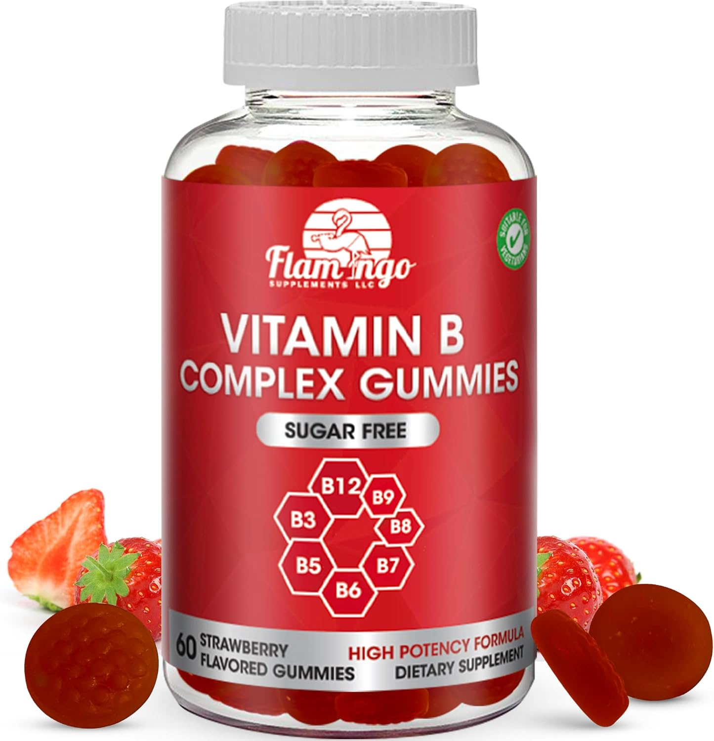 Flamingo Supplements Sugar Free Vitamin B Complex 60 Gummies front bottle view for daily energy support.