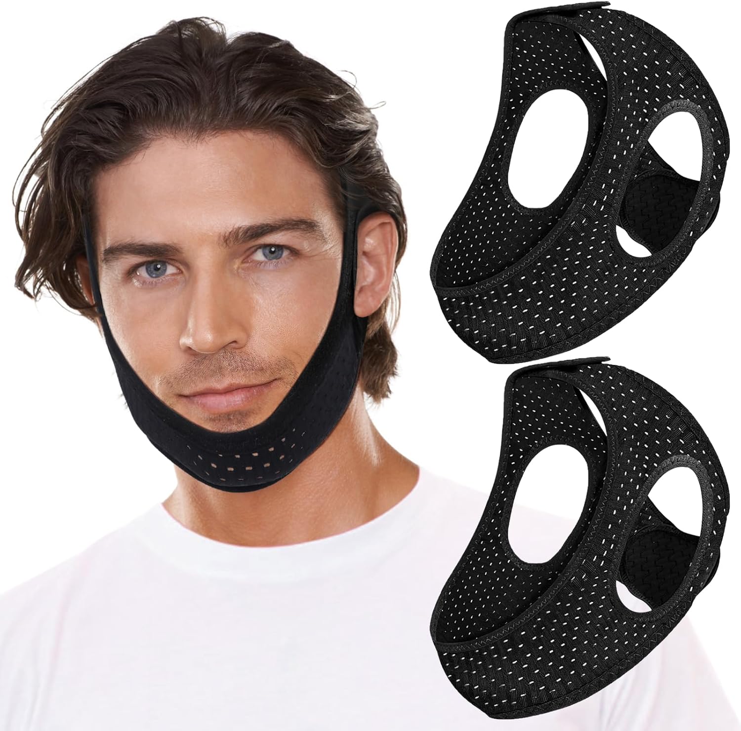Znvyxhom Anti Snore Chin Strap front view on a sleeping person.