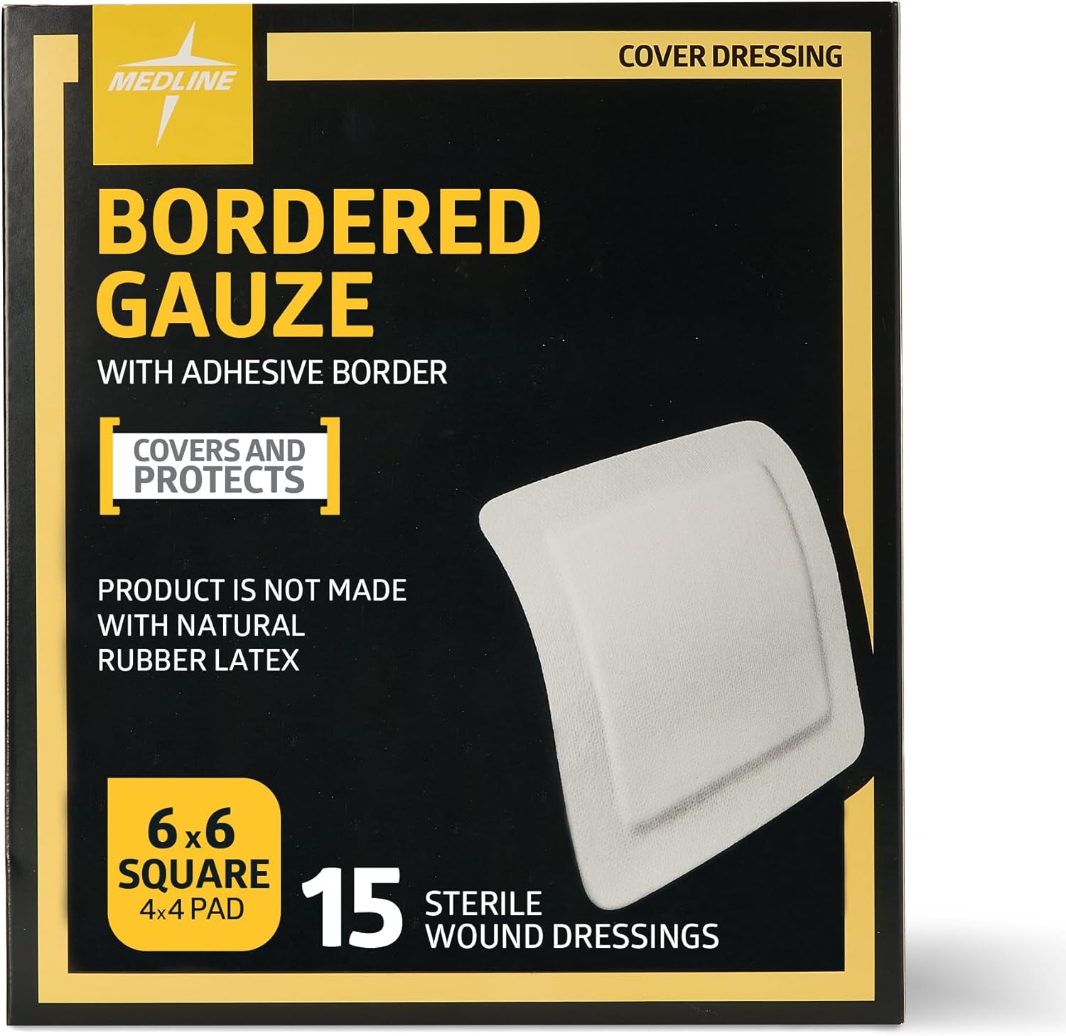 Medline Bordered Gauze Adhesive Island Wound Dressing front view showing packaging box
