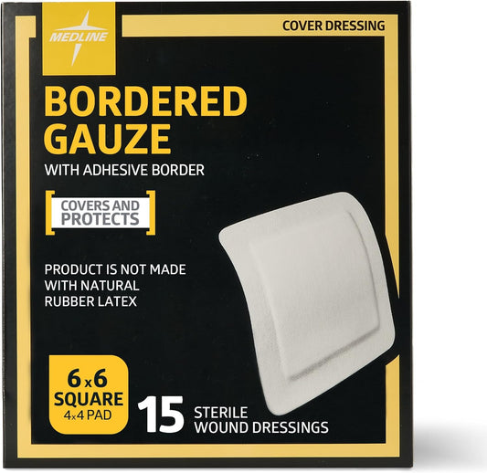 Medline Bordered Gauze Adhesive Island Wound Dressing front view showing packaging box