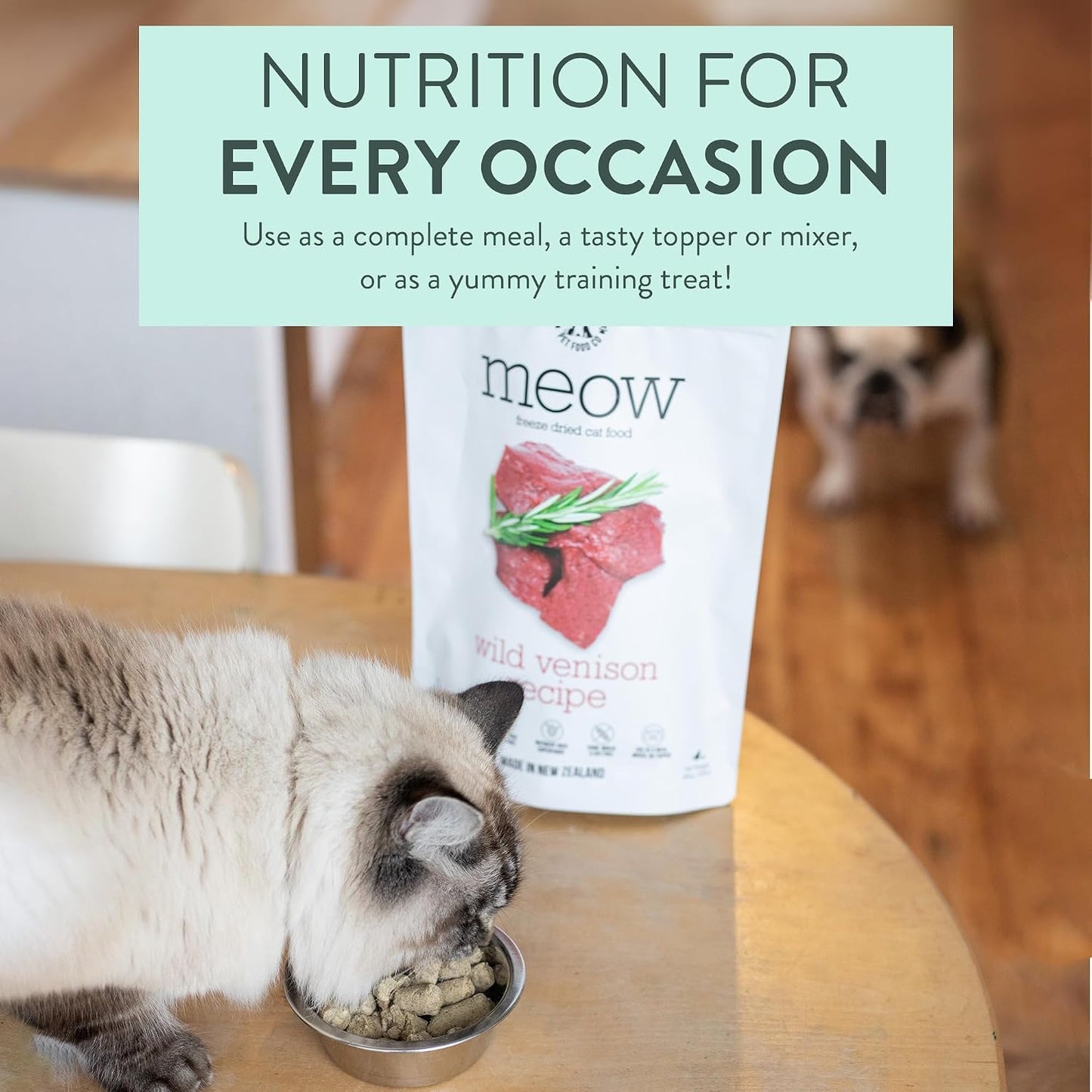 Premium freeze dried cat food bites rich in wild venison meat organs and bone nutrition