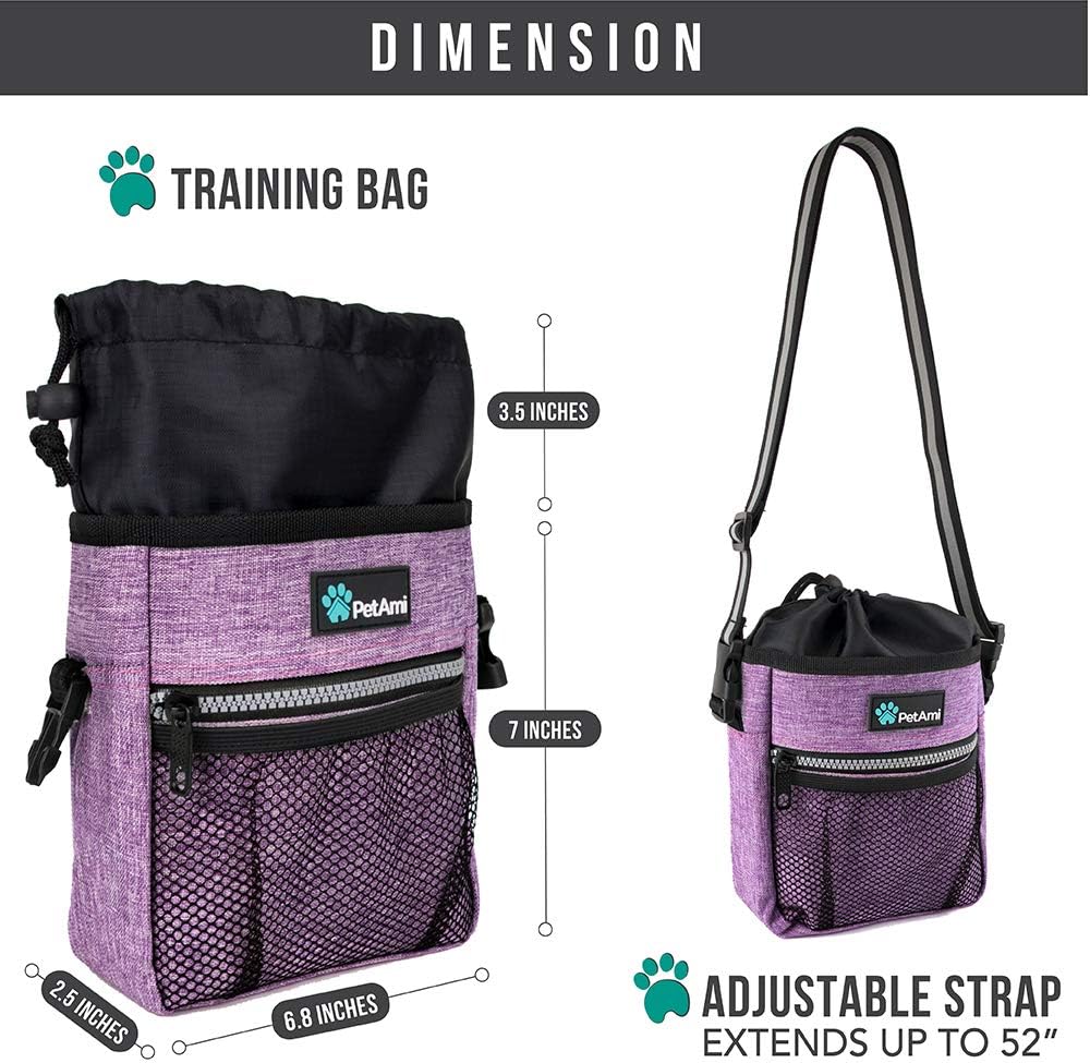 Hands-free crossbody dog walking bag holding treats and keys.