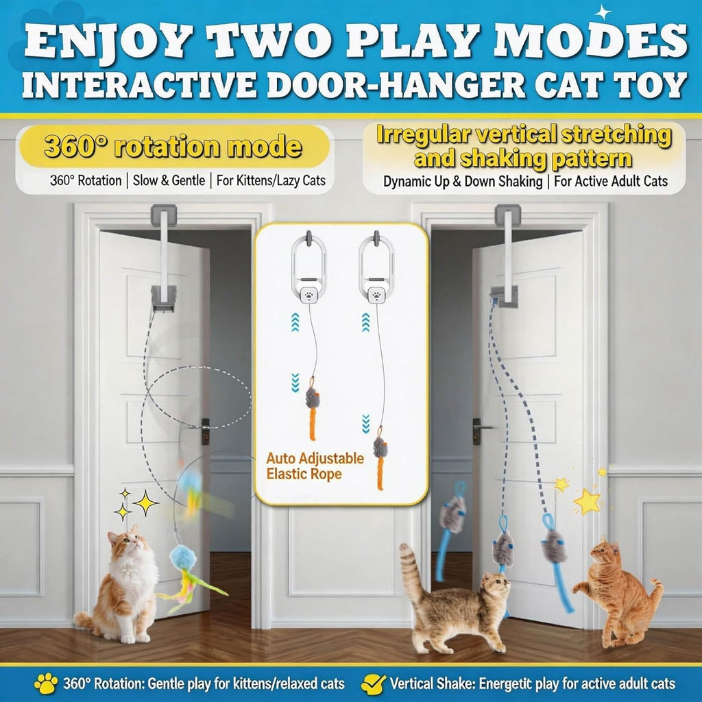 HappyCode electric hanging door cat toy with remote control on a wooden frame.