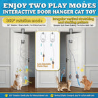 HappyCode electric hanging door cat toy with remote control on a wooden frame.